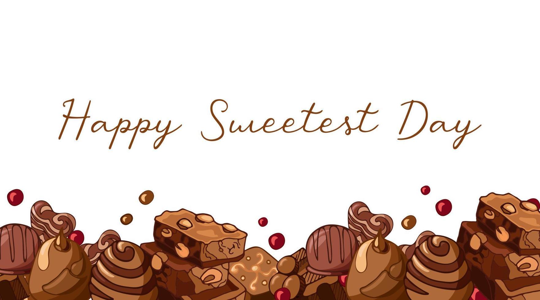 borde de banner blanco horizontal vintage con trozos de chocolate con leche, nueces, ilustración de chocolates. feliz día más dulce. diseño de fondo vectorial. plantilla para tarjetas, pancartas, empaques, menú. vector