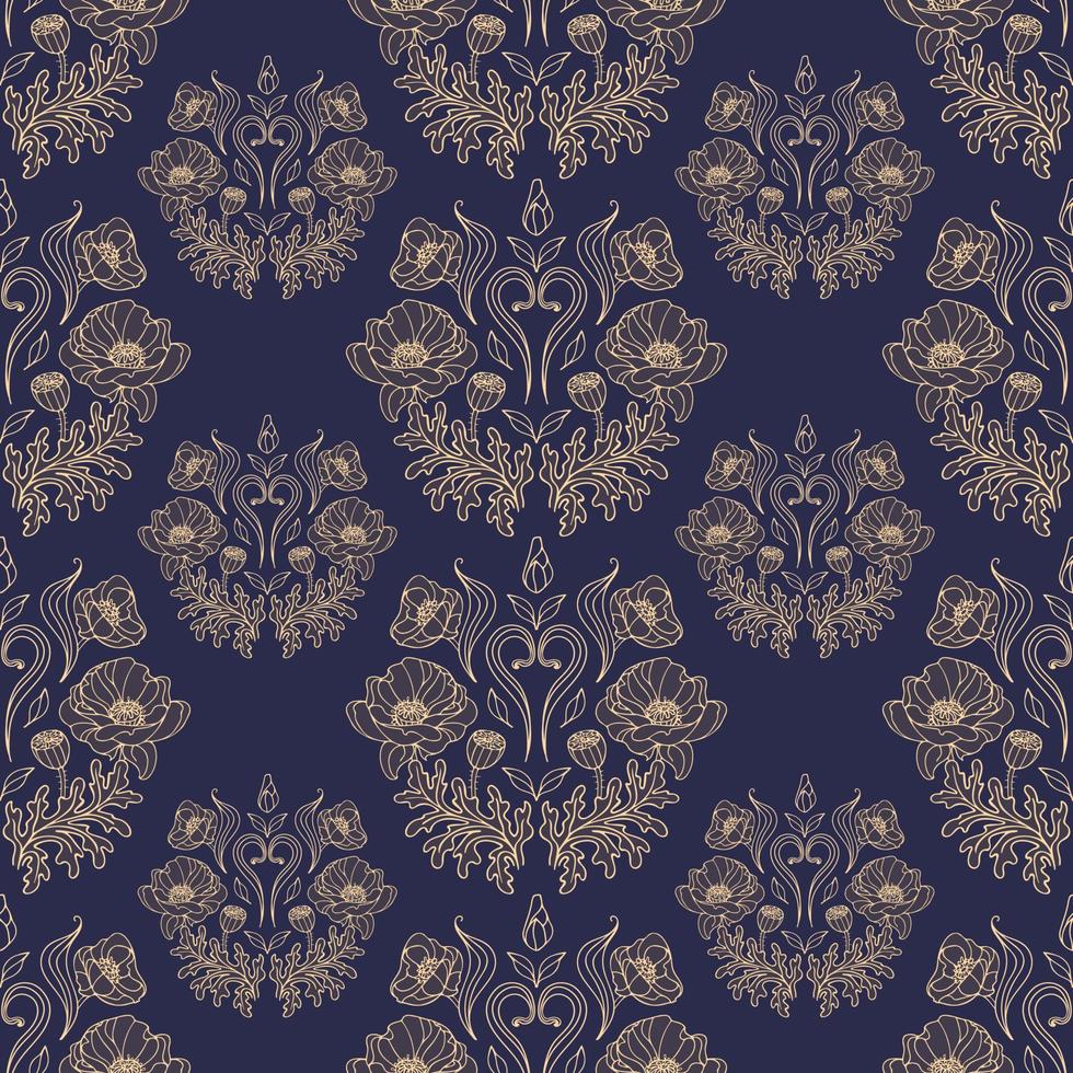Vintage gothic seamless pattern of gold graceful poppy bud in art nouveau style. Botanical illustration for wallpaper, fabric printing, packaging vector