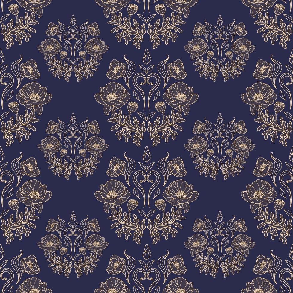 patrón gótico vintage sin costuras de capullo de amapola elegante dorado en estilo art nouveau. ilustración botánica para papel tapiz, impresión de telas, embalaje vector