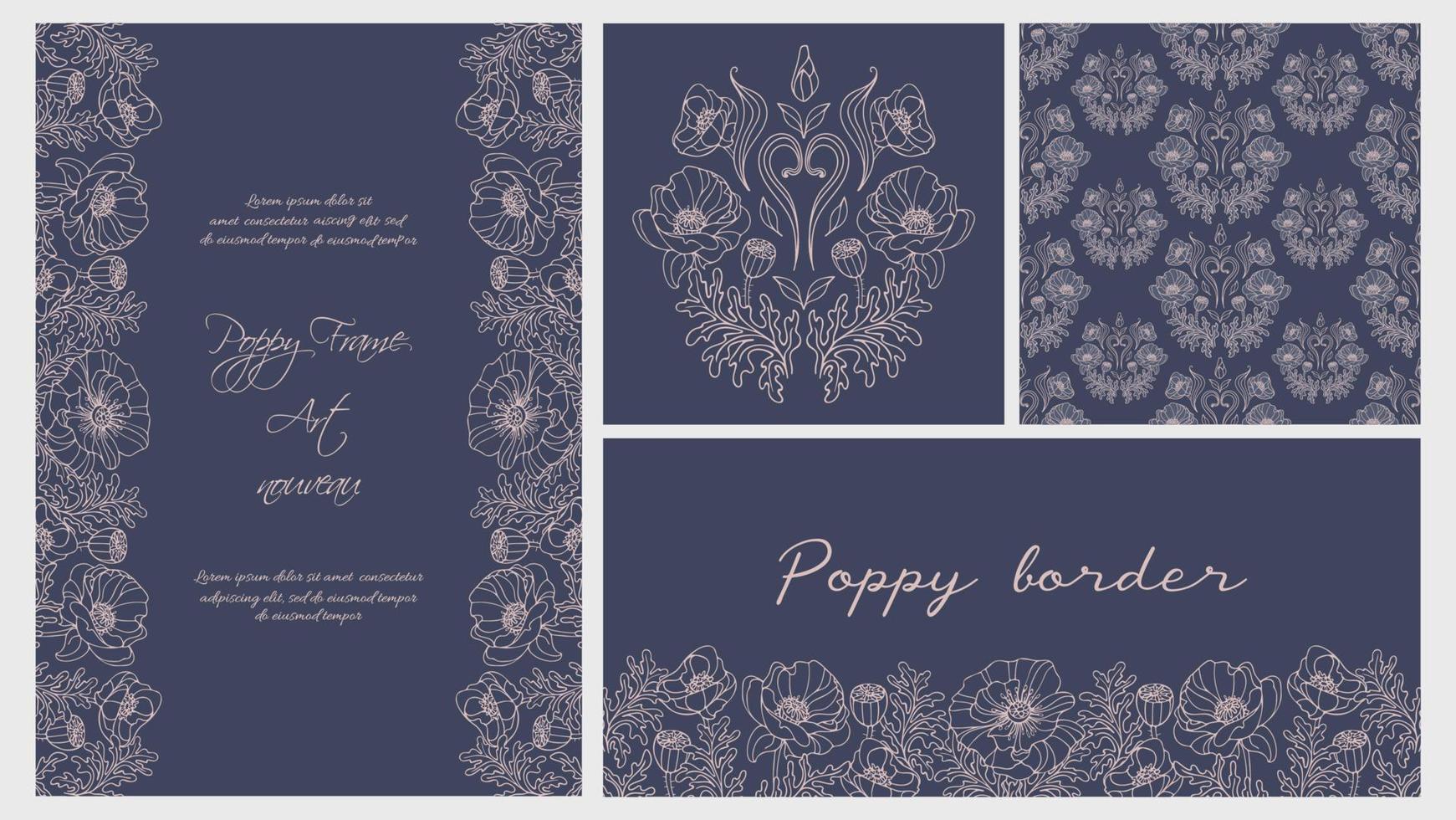 Poppy flowers. Set of elegant classic templates in vintage style. Horizontal border, frame, seamless pattern. Botanical illustration for banners, fabric, frame, website, flyer, wallpaper. vector