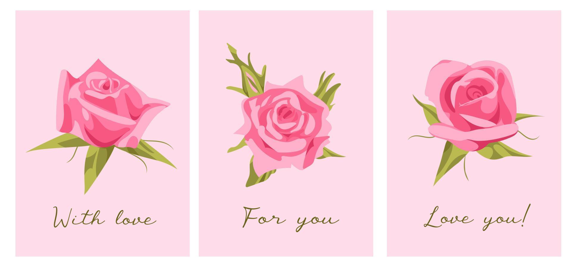 Set cute vector illustration for valentines day. Elegant realistic pink roses with text. Love you. For postcards, posters, printing on clothes