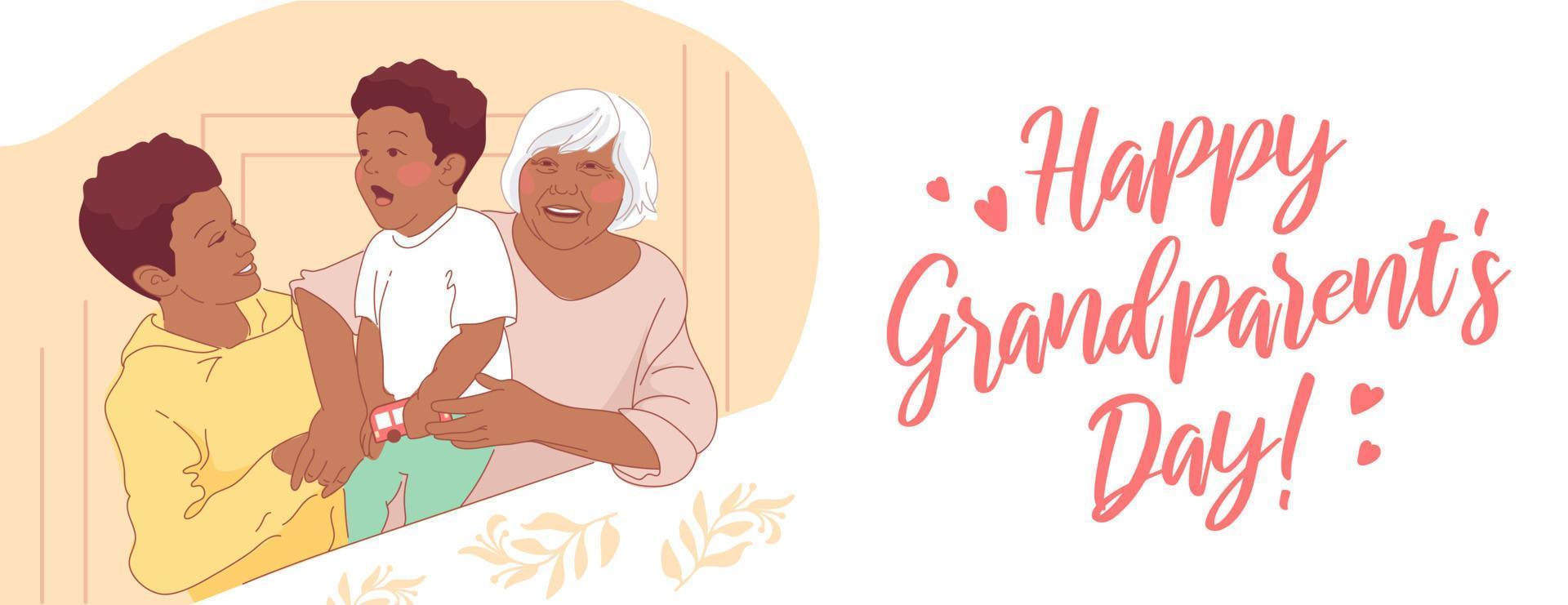 Happy Grandparents Day. Grandmother and grandchildren hug and laugh. African American Loving family, generational relationships. Siblings, children of all ages. For posters, postcards, flyers, books. vector
