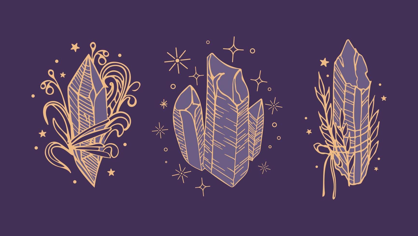 Crystal set with sprigs of a plant. The magic of plants and minerals. ritual amulet. Vintage illustration in boho style. Halloween, witchcraft. For logo, posters, cards, banners, fabric printing vector