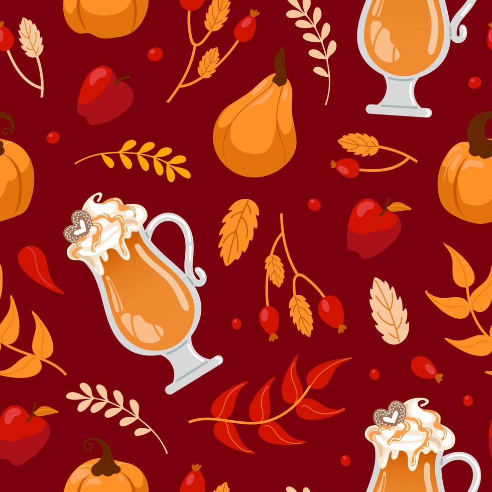 Pumpkin spice lover. international coffee day. Glass with latte foam, pumpkins, autumn leaves and apples. Seamless pattern for cafes, shops, menus, wallpaper, printing on fabric, wrapping. vector