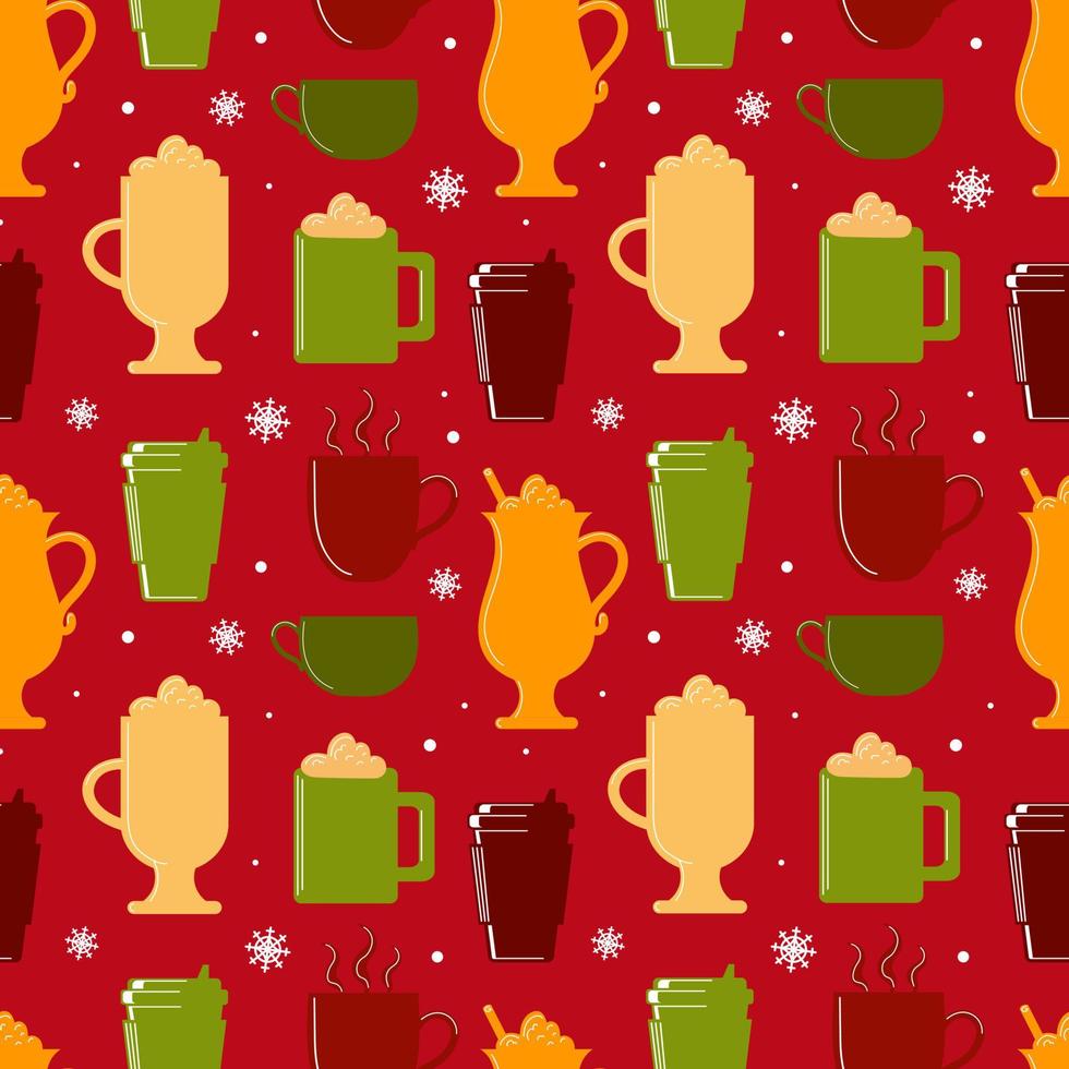 bebidas calientes de invierno. patrón impecable con siluetas de café, cacao, capuchino. copos de nieve blancos sobre un fondo rojo. en colores navideños festivos. para papel tapiz, tela, envoltura, fondo. vector
