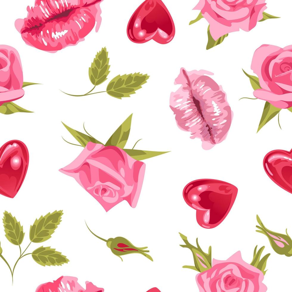 Valentine s Day. Watercolor style glossy lips and glowing heart shaped balloons, pink roses. Bright seamless pattern. For wallpaper, printing on fabric, wrapping vector