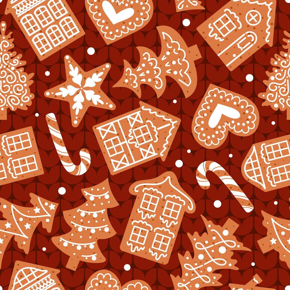 Gingerbread, decorated with icing, lie on a red knitted sweater. Christmas seamless pattern. Traditional cookies. Houses, candy cane, snowflakes and hearts. For wallpaper, fabric, wrapping. vector