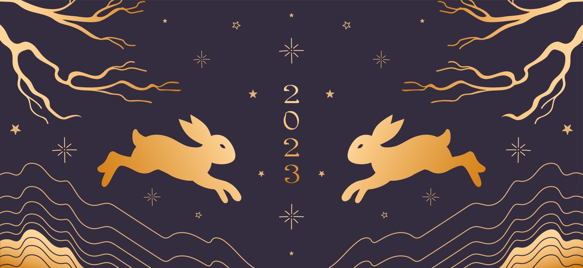 Rabbit, symbol of Chinese New Year 2023. Bright vector vintage banner with gold pattern, Asian style. Tree branches, mountains, starry sky. for poster, banner, flyer, advertising