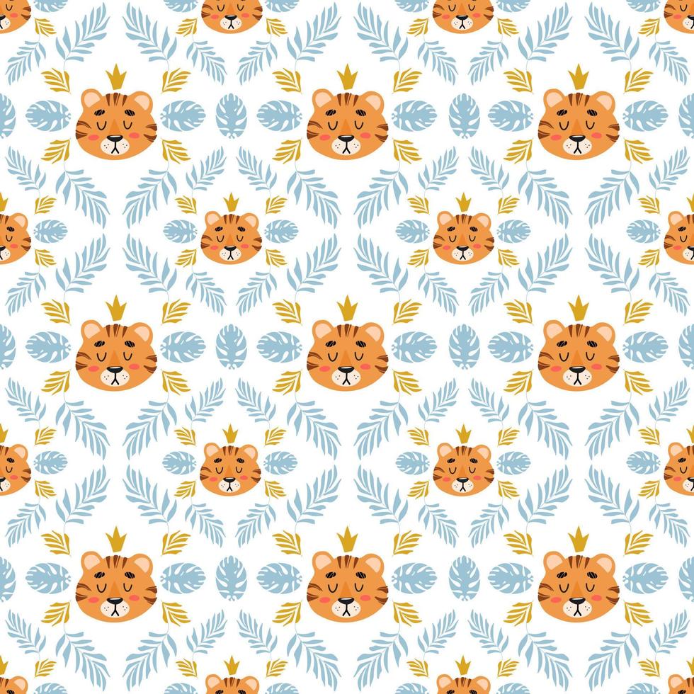 Bright summer tropical seamless pattern. Cute tiger, palm leaves childrens vector illustration cartoon style. For nursery, posters, prints on fabric. International Tiger Day. Chinese New Year 2022.