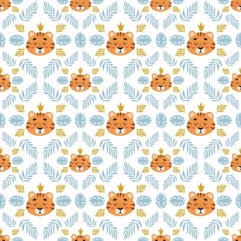 Bright summer tropical seamless pattern. Cute tiger, palm leaves childrens vector illustration cartoon style. For nursery, posters, prints on fabric. International Tiger Day. Chinese New Year 2022.