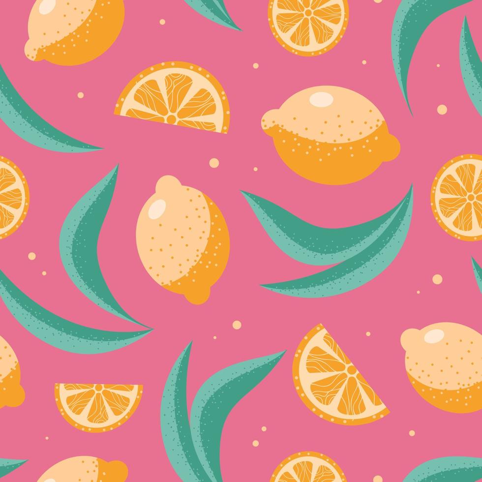 Lemons and leaves. Bright trendy summer seamless pattern. Fruits, slices, splashes of juice on a pink background. For wallpaper, printing on fabric, wrapping vector