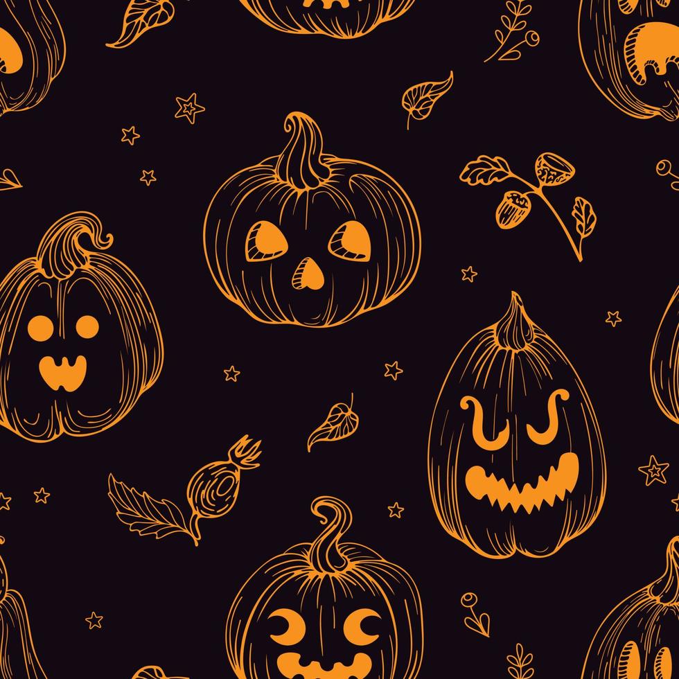 vector de patrones sin fisuras lindo dibujo gráfico de ilustración en estilo vintage para halloween. linterna de gato de calabaza. hojas de otoño, brujas y magia. para papel pintado, impresión sobre tela, envoltura