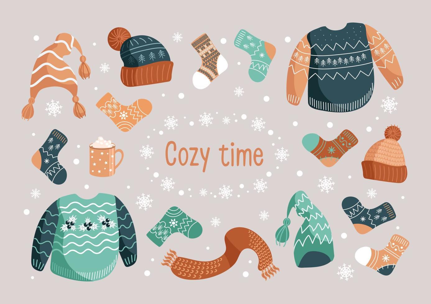 Vector Christmas illustration of a set of winter warm clothes. Hats, socks, ugly Christmas sweater, jumper, scarf. Mug with cocoa. In earthy shades. For stickers, posters, postcards, design elements