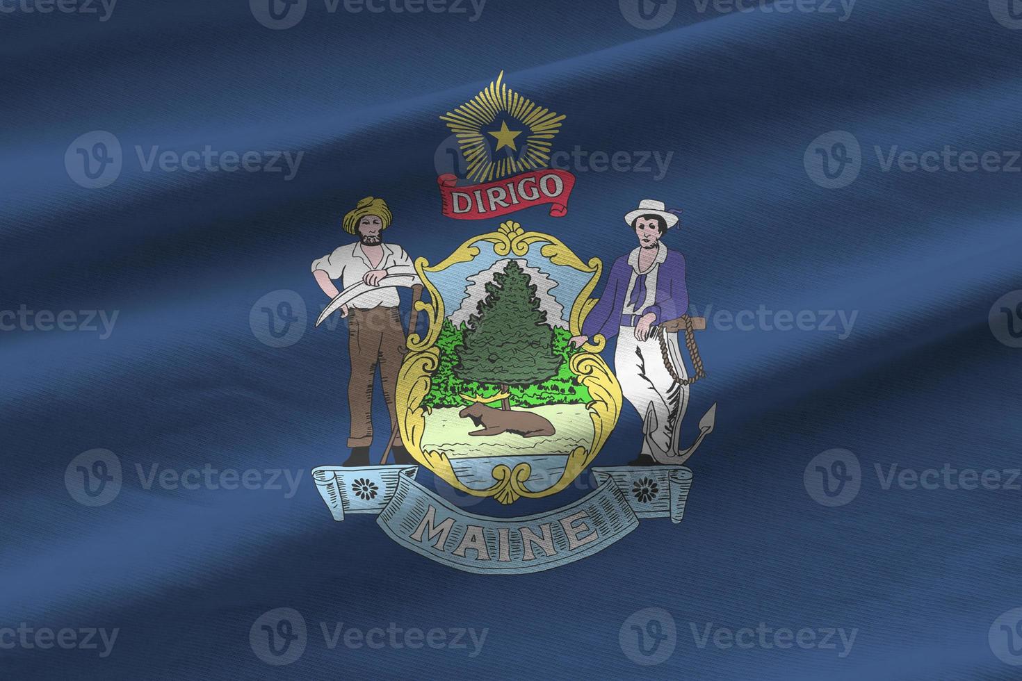 Maine US state flag with big folds waving close up under the studio light indoors. The official symbols and colors in banner photo