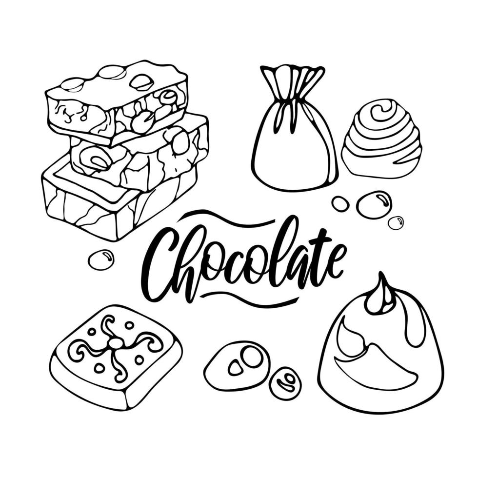 Set delicious pieces of milk chocolate with nuts, candies and dragees. Celebrate World Chocolate Day. Vector doodle illustration of dessert food. For website, menu, cookbook, postcard, banner, poster.