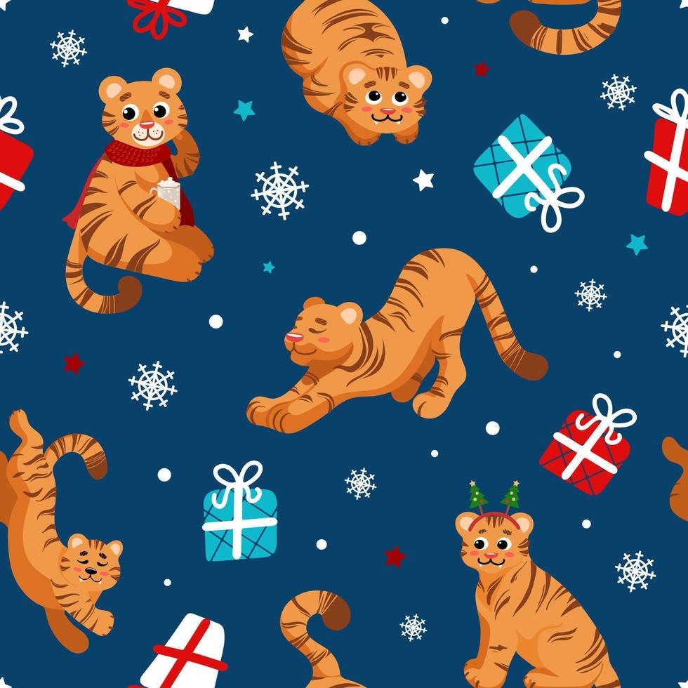 Christmas bright seamless pattern in cartoon style. Tiger symbol of Chinese New Year 2022. Gifts, stars, trees, snowflakes. For nursery, wallpaper, printing on fabric, wrapping, vector