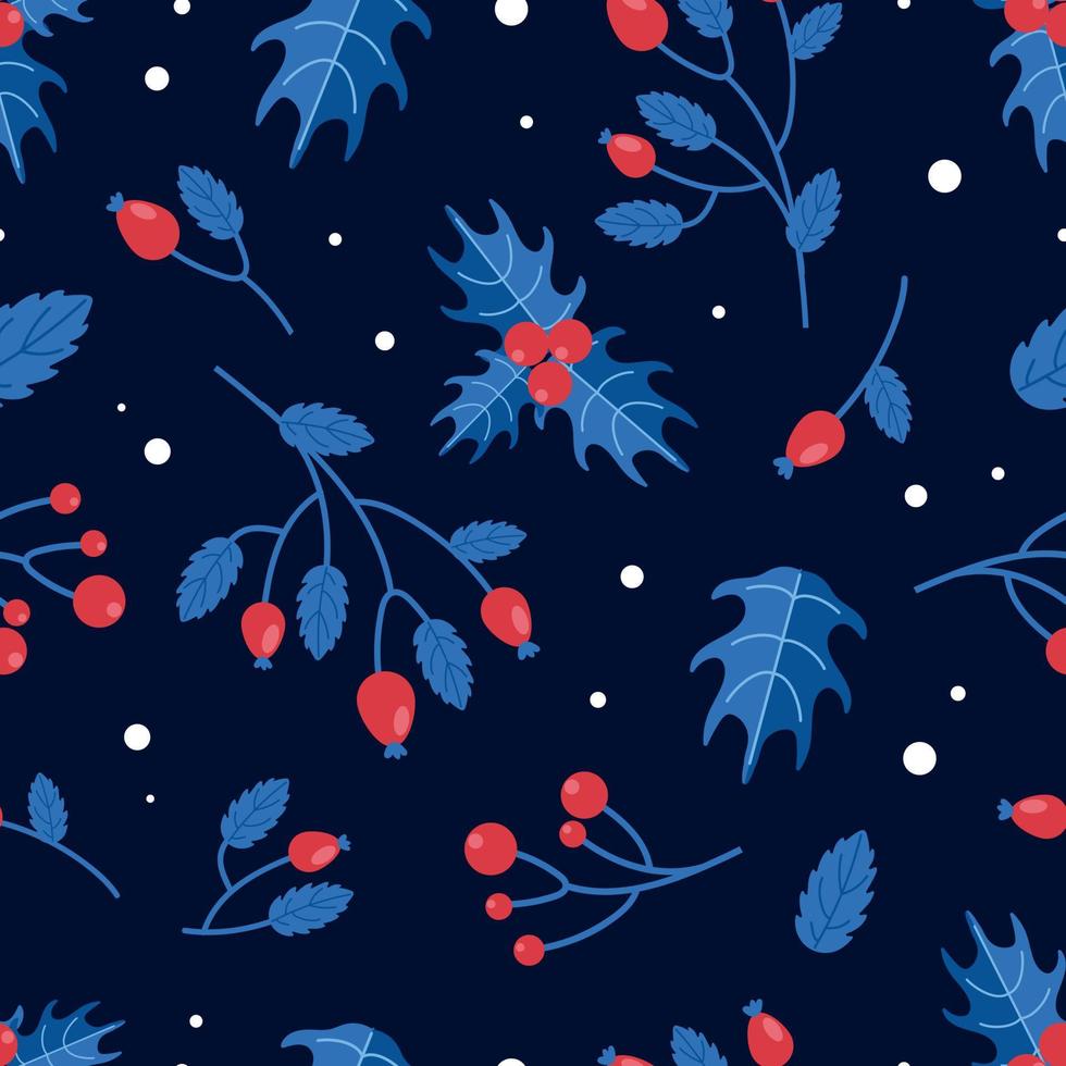 Bright Christmas pattern. Winter berries rosehip, holly. In red and blue festive colors. In a flat style. For nursery, wallpaper, printing on fabric, wrapping. vector