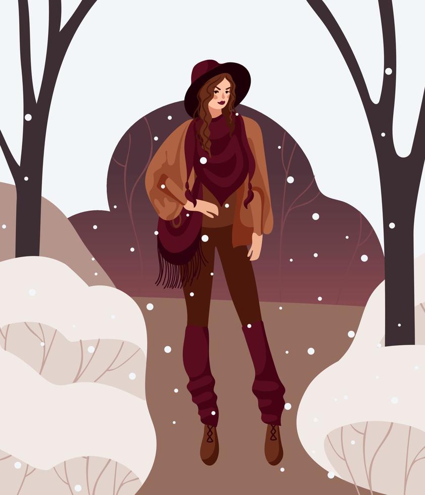 A girl in boho outfit walks in a winter park. Bright vector illustration, warm earthy colors. Hat, snowfall, fringe, portrait, naturalness. For posters, postcards, banners, clothing, design elements.