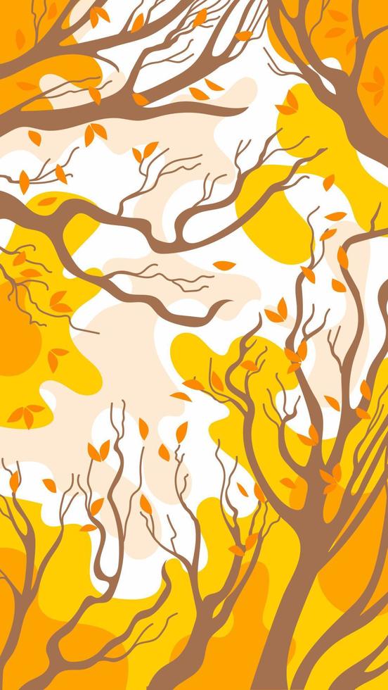 Hello, Autumn. Landscape vertical background. Crowns of trees with yellowed leaves. Clouds in the sunset sky. For story, banner, poster, background. vector