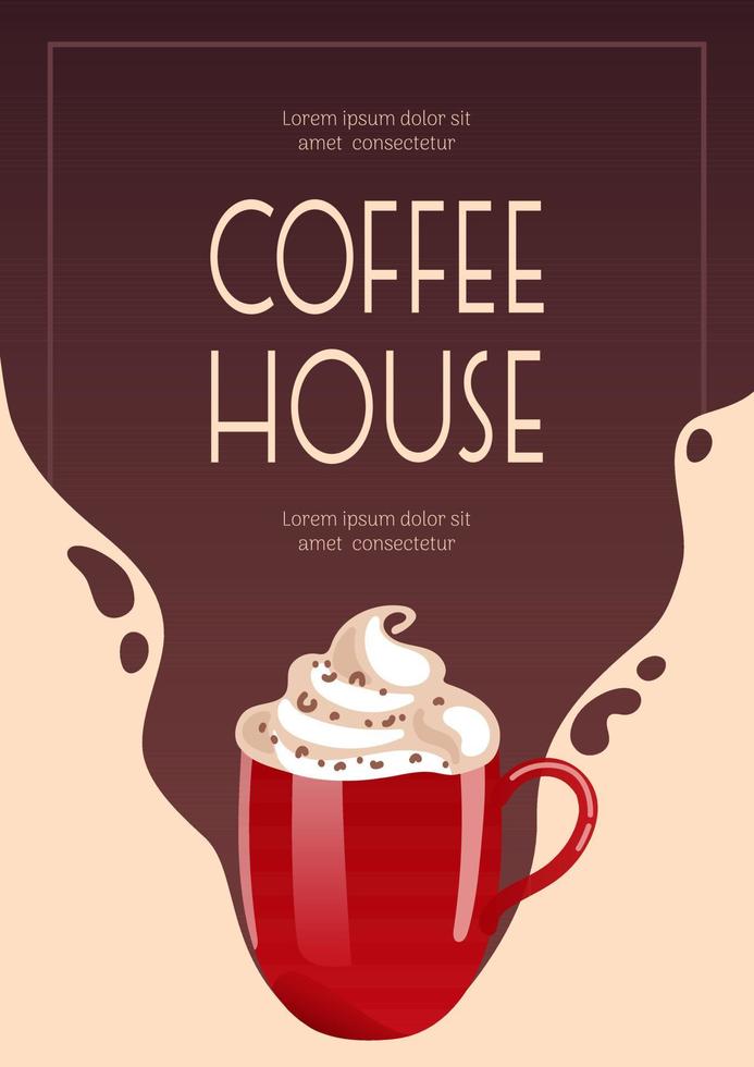 Latte, Hot chocolate or coffee, cocoa and whipped cream in a red mug. Banner for coffee shop, cafe bar, barista. Vector illustration for poster, banner, flyer, advertising, publicity, promo, menu