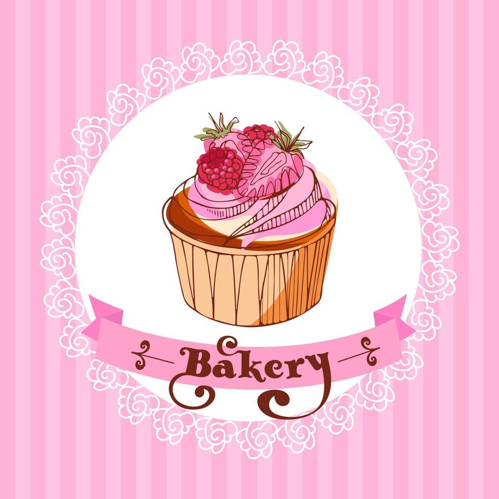Strawberry - raspberry cupcake on a lacy napkin on a striped background. Template for a bakery Vintage illustration in sketch style in pink colors. For menu, pastry shop, invitation, postcard, poster. vector