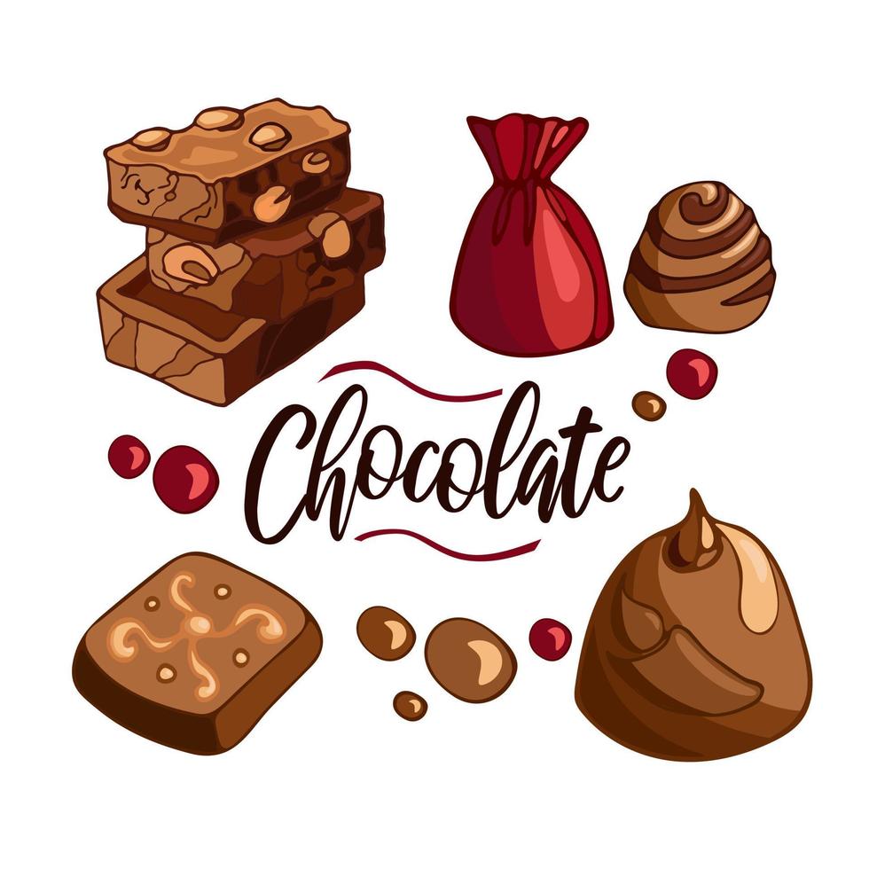 coloque deliciosos trozos brillantes de chocolate con leche con nueces, dulces, grageas. celebrar el día mundial del chocolate. ilustración vectorial de comida de postre. para embalaje, menú, libro de cocina, postal, pancarta, afiche. vector