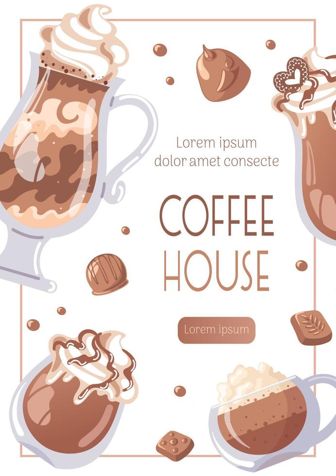 Cappuccino, latte and mocha in a glass, whipped cream, chocolates. Vertical banner for coffee shop, cafe bar, barista. Vector food illustration for banner, flyer, advertising, publicity, promo, menu