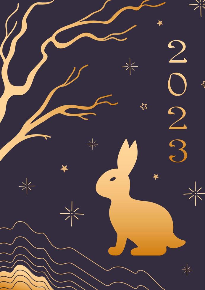 Rabbit, symbol of Chinese New Year 2023. Bright vector vintage banner with gold pattern, Asian style. Tree branches, mountains, starry sky. for poster, banner, flyer, advertising