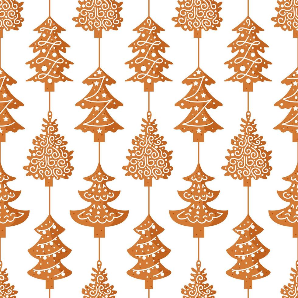 pan de jengibre. árbol de navidad con bolas, decorado con glaseado. patrón impecable en forma de guirnalda de galletas navideñas tradicionales. para papel tapiz, impresión en tela, envoltura, fondo vector