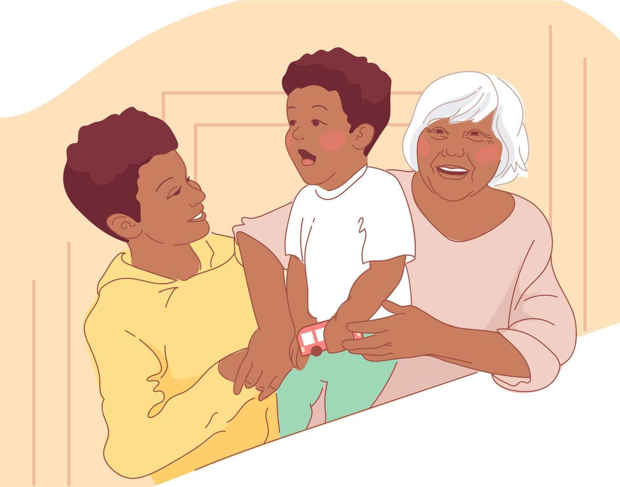 abuela y nietos se abrazan y ríen. familia amorosa afroamericana, relaciones generacionales. día de los Abuelos. hermanos, niños de todas las edades. para carteles, postales, volantes, libros. vector