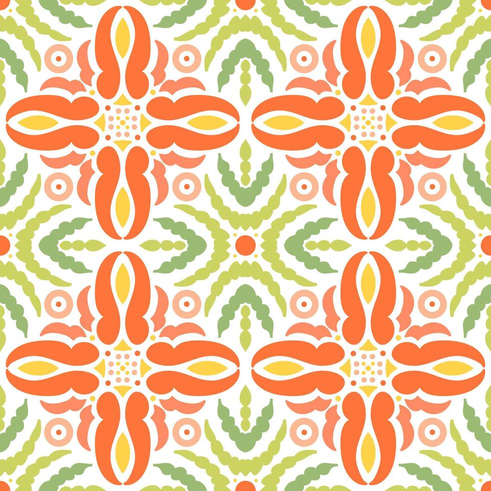 Ethnic geometric pattern with floral motifs in green and orange colors. For wallpaper, printing on fabric, wrapping, background. vector