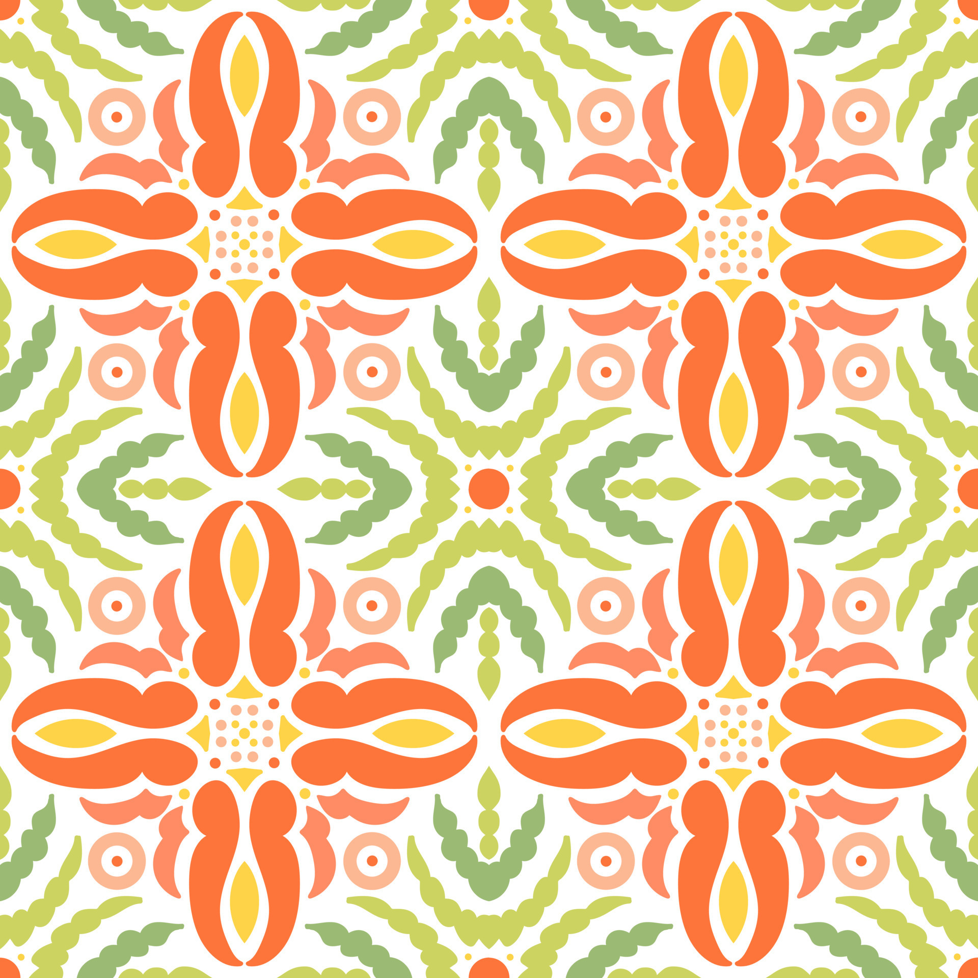 Ethnic geometric pattern with floral motifs in green and orange colors ...