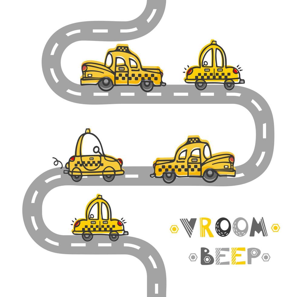 Cute cartoon yellow retro taxi drives along the road. Childrens cartoon illustration scandinavian style. For boys, nursery, wallpaper, printing fabric, wrapping vector