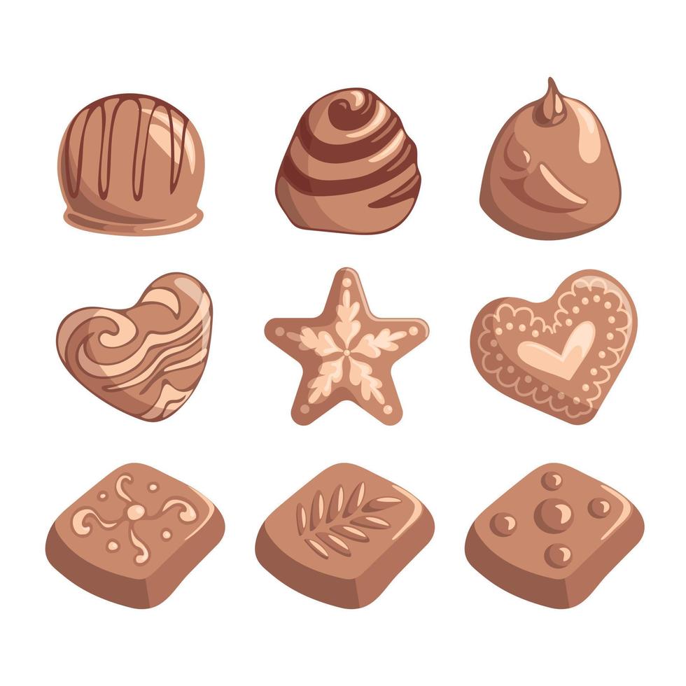 A set of delicious chocolates. Sweet, desserts. Praline in the shape of heart, star, snowflake, leaf. Candies for holidays, valentines day, christmas, stickers, design elements vector