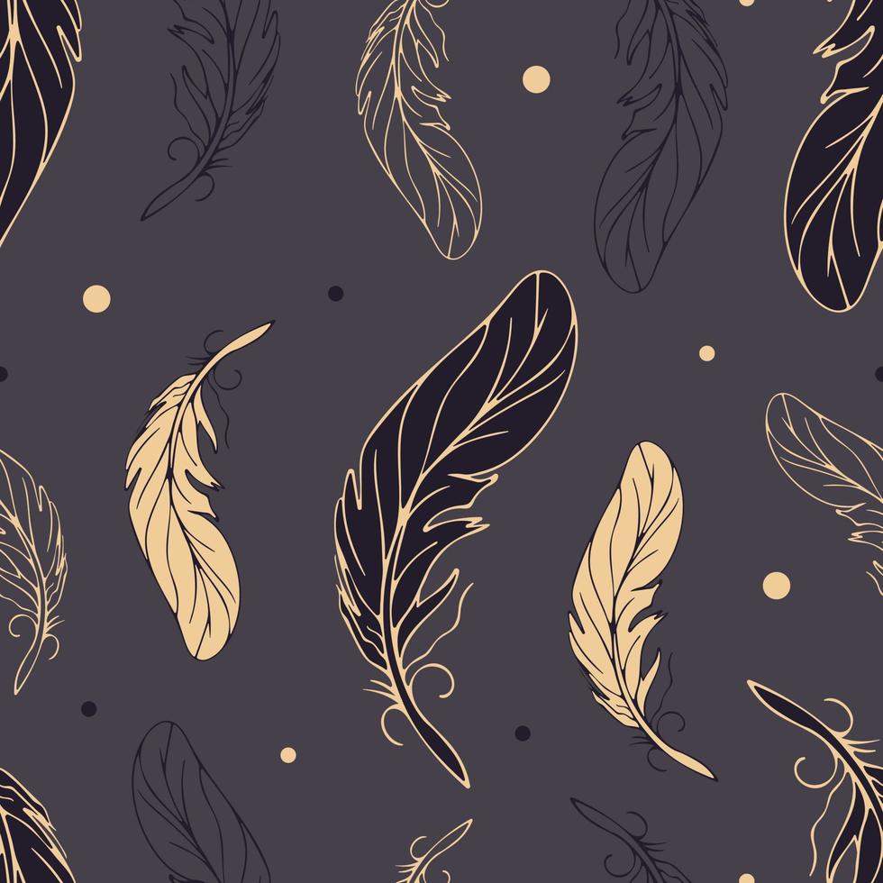 patrón elegante de plumas doradas voladoras antiguas en estilo boceto sobre un fondo oscuro. para papel tapiz, impresión en tela, envoltura, fondo vector