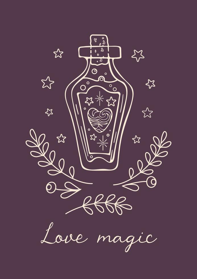 Cute vintage illustration for Valentines Day. Magic witch love potion, leaves and berries. For posters, cards, banners, design elements. vector