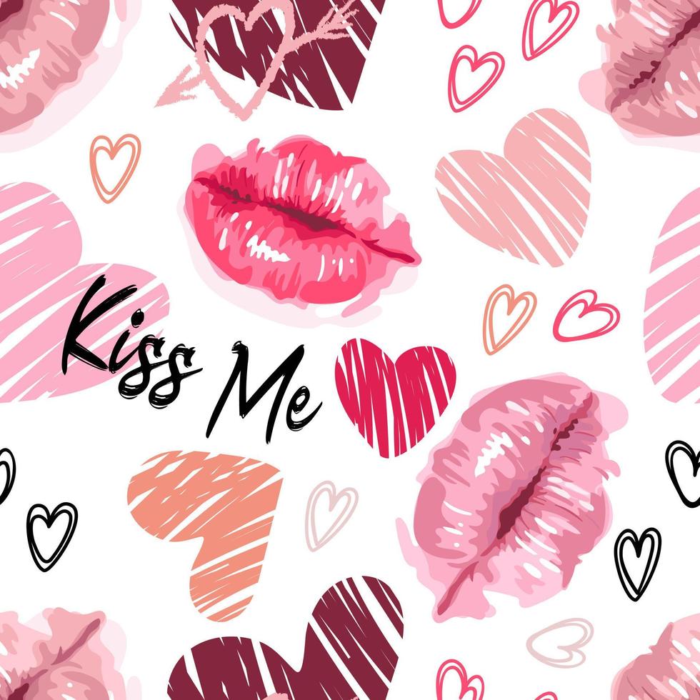 Valentines Day. Lips in a watercolor style, hearts lettering kiss me. Daring bright modern pattern, graffiti. On white background. For wallpaper, printing on fabric, wrapping, background. vector