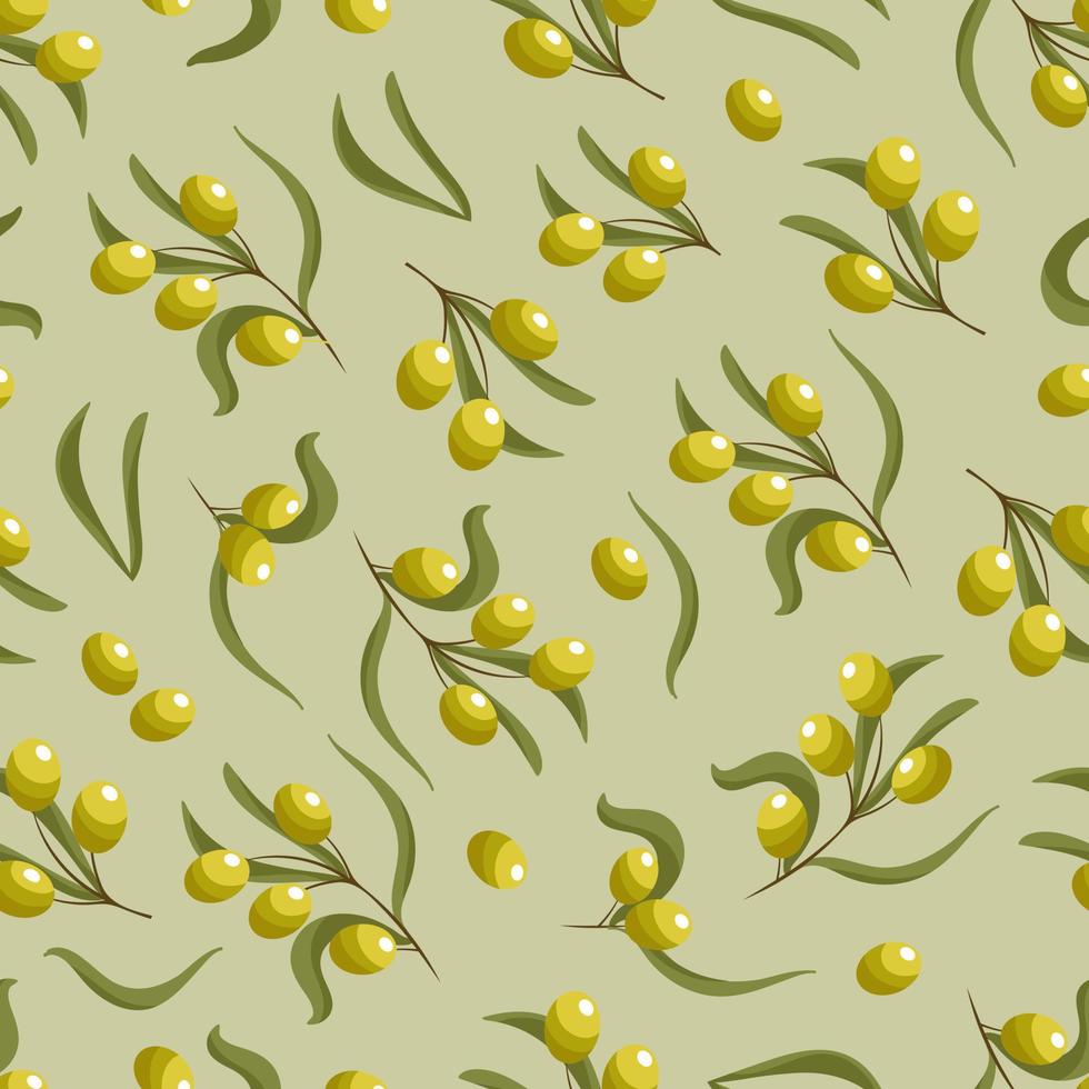 Olives bright summer vegetable vector illustration. Seamless patterns in trendy green colors. For olive oil packaging, wallpaper, fabric printing, wrapping.