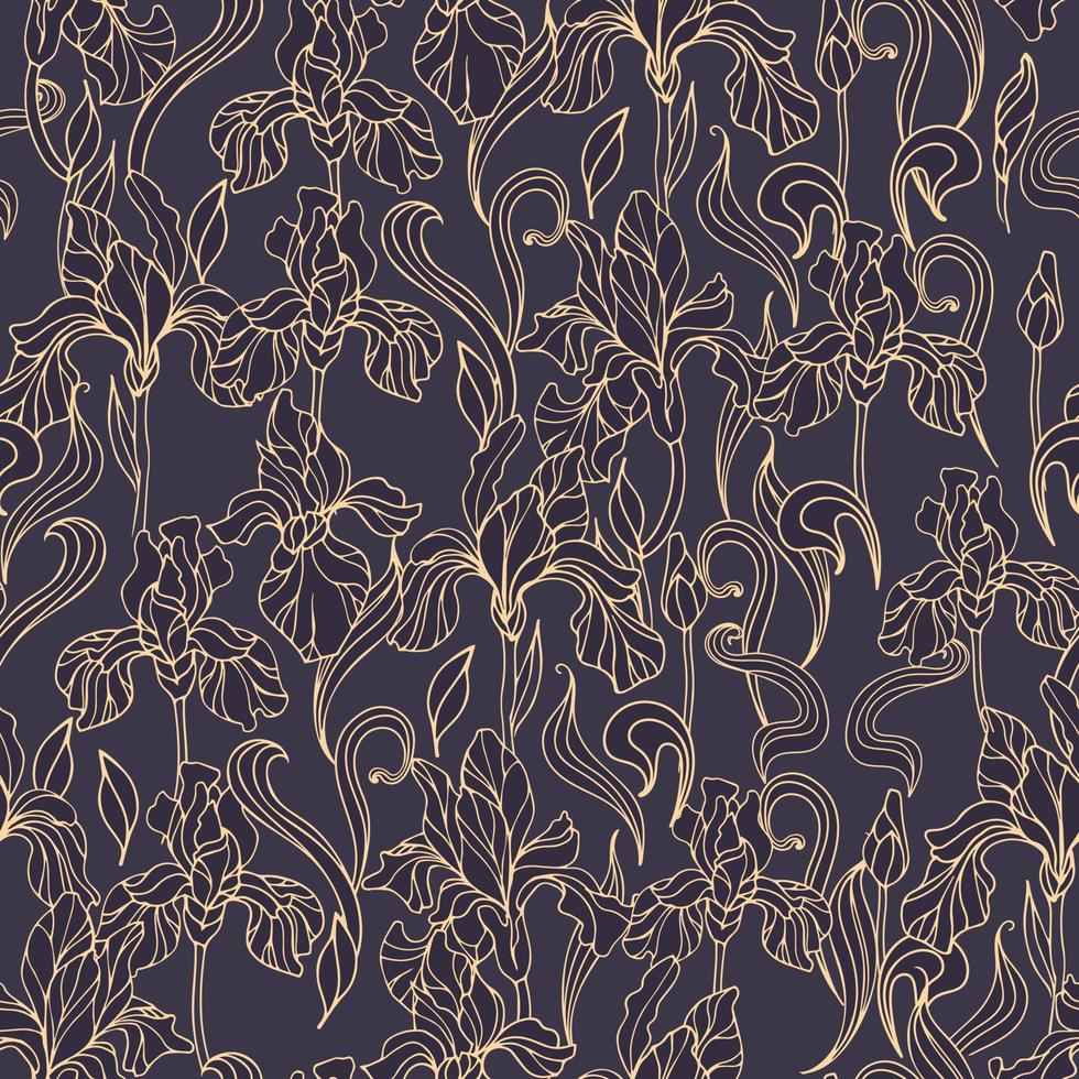 Seamless pattern of vintage golden iris flowers on a dark background. Art nouveau, modern. Botanical illustration for nursery, wallpaper, printing on fabric, wrapping vector