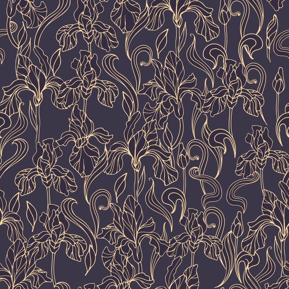 patrón impecable de flores de iris dorado vintage sobre un fondo oscuro. art nouveau, moderno. ilustración botánica para vivero, papel tapiz, impresión en tela, envoltura vector