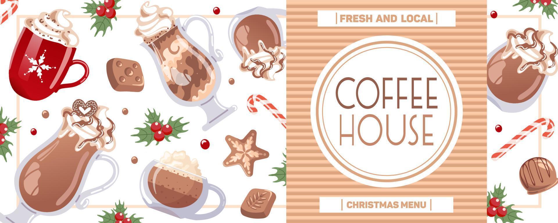 Winter Christmas drinks. Cappuccino, latte and mocha in a glass, whipped cream, chocolates, candy cane, holly. Horizontal banner for coffee shop, cafe, barista. for banner, flyer, advertising, menu. vector