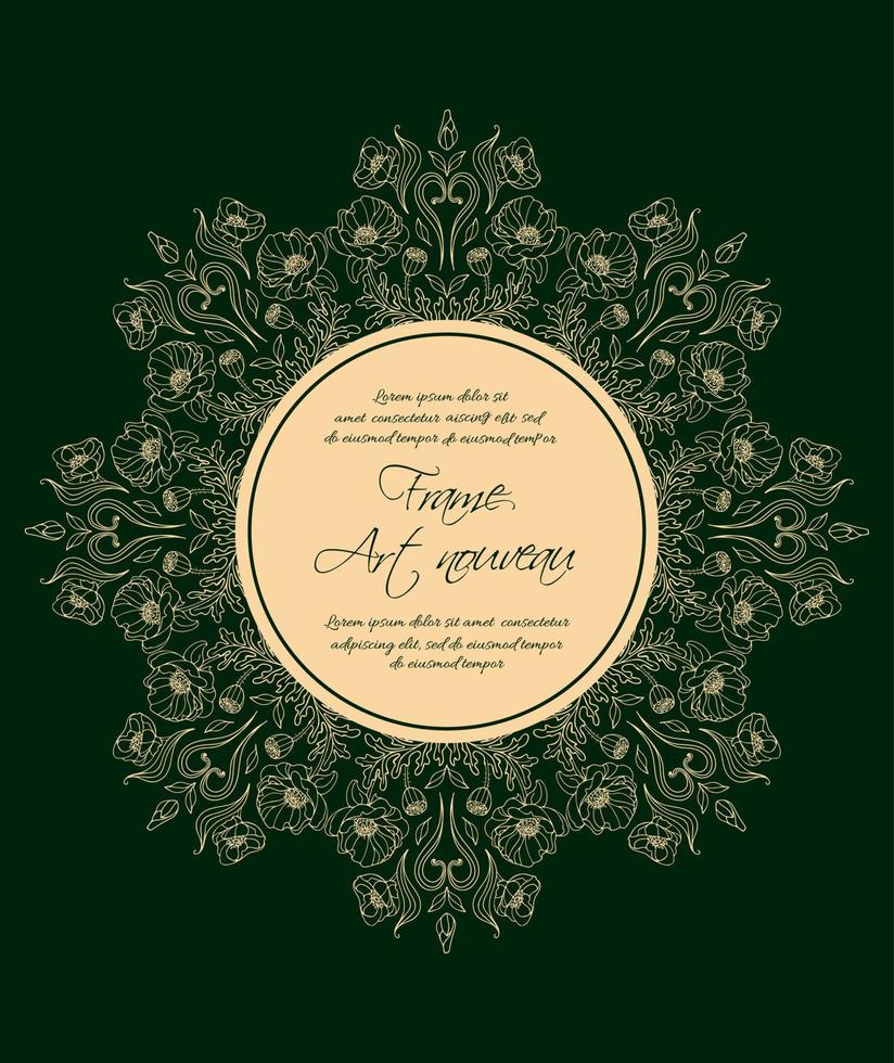 Elegant classic vintage round frame. Golden poppies on a green background. Botanical retro illustration. Floral ornament. For business cards, weddings, invitations, postcards, logos, design elements. vector