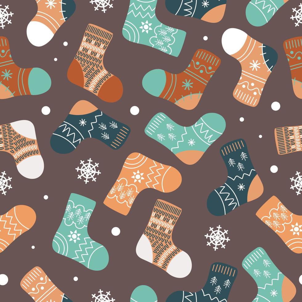 Bright Christmas socks stockings, boots . Woolen winter clothing with Scandinavian patterns and snowflakes in cartoon style. In earthy shades. For nursery, wallpaper, printing on fabric, wrapping. vector