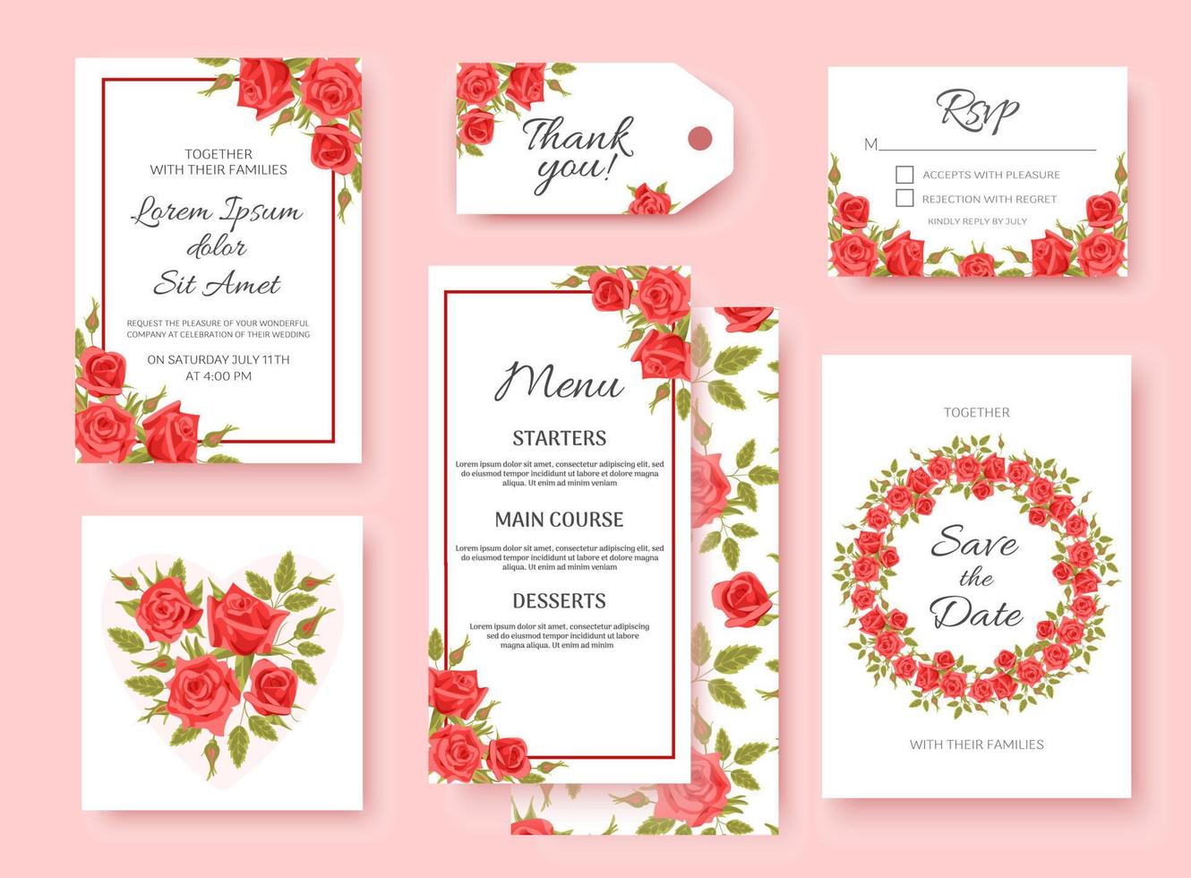 un conjunto de elegantes plantillas brillantes para la boda. rosas rojas. para invitación, rsvp, guardar la fecha, marcos, postales en estilo vintage, elementos de diseño. vector