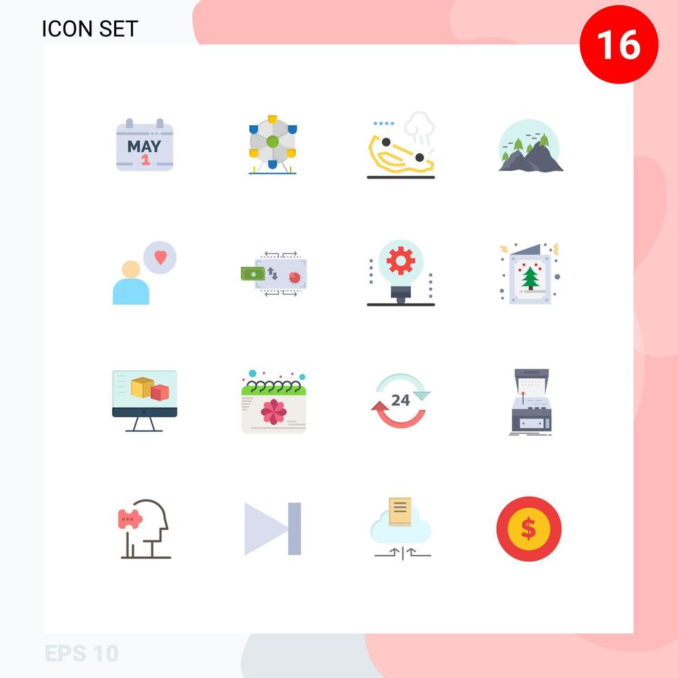 paquete de 16 signos y símbolos de colores planos modernos para medios de impresión web como amor sol coche paisaje de montaña paquete editable de elementos creativos de diseño de vectores
