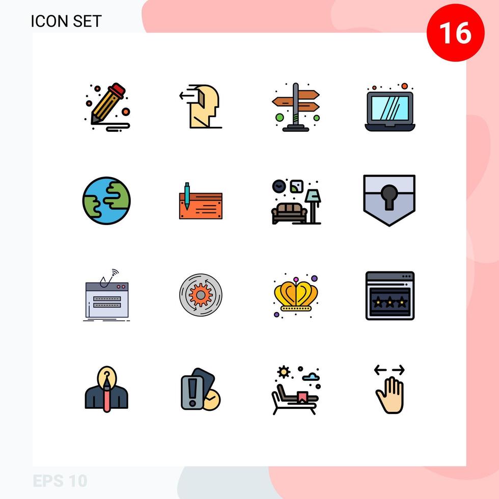 Set of 16 Vector Flat Color Filled Lines on Grid for check globe directions earth laptop Editable Creative Vector Design Elements