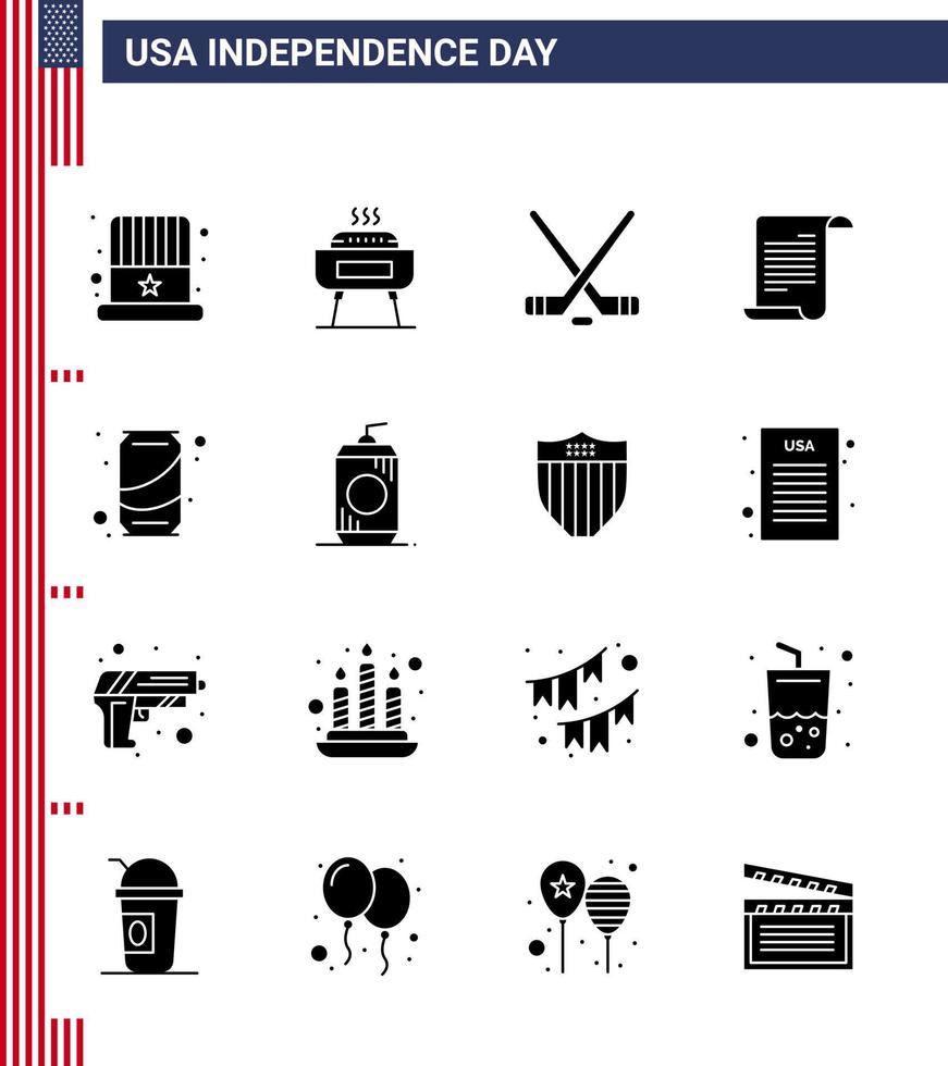 paquete de glifos sólidos de 16 símbolos del día de la independencia de estados unidos de can usa hokey archivo americano editable elementos de diseño vectorial del día de estados unidos vector