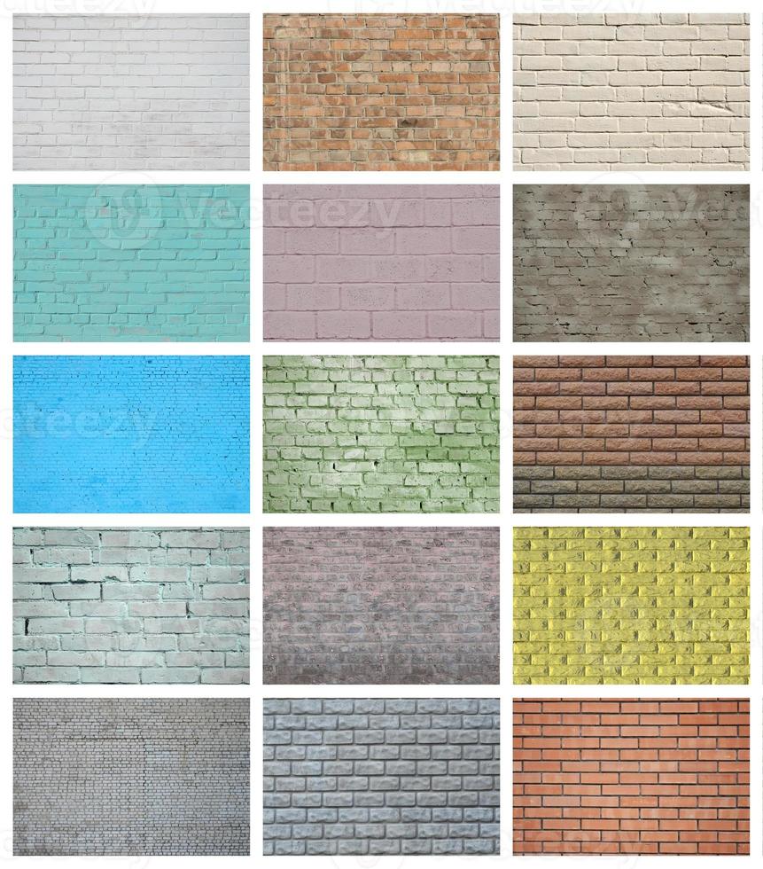 A collage of many pictures with fragments of brick walls of different colors close-up. Set of images with varieties of brickwork photo