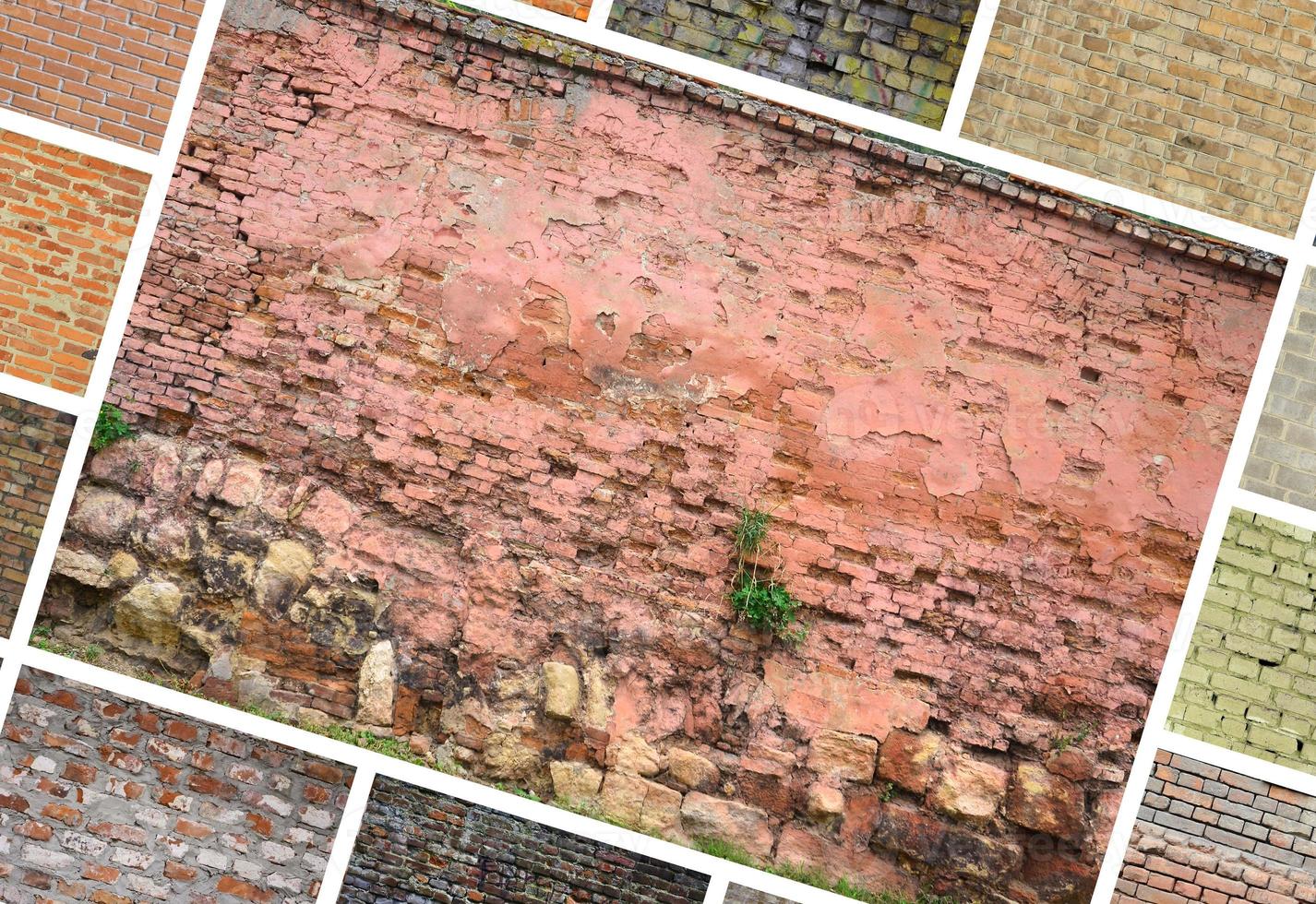 A collage of many pictures with fragments of brick walls of different colors close-up. Set of images with varieties of brickwork photo