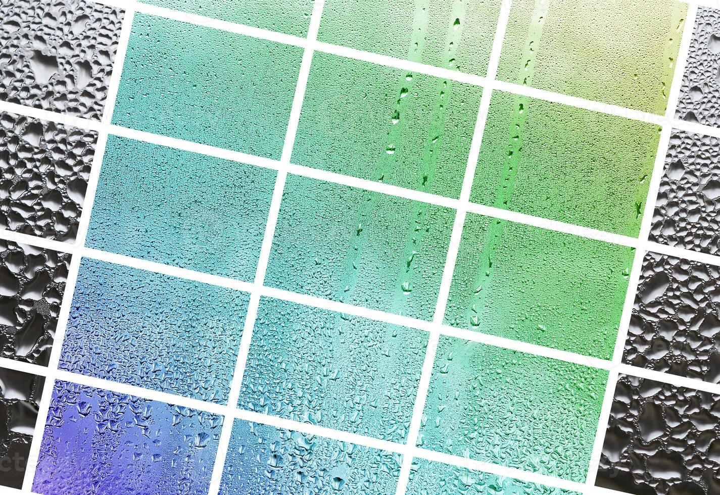 A collage of many different fragments of glass, decorated with rain drops from the condensate. Spring tones with green and blue colors photo
